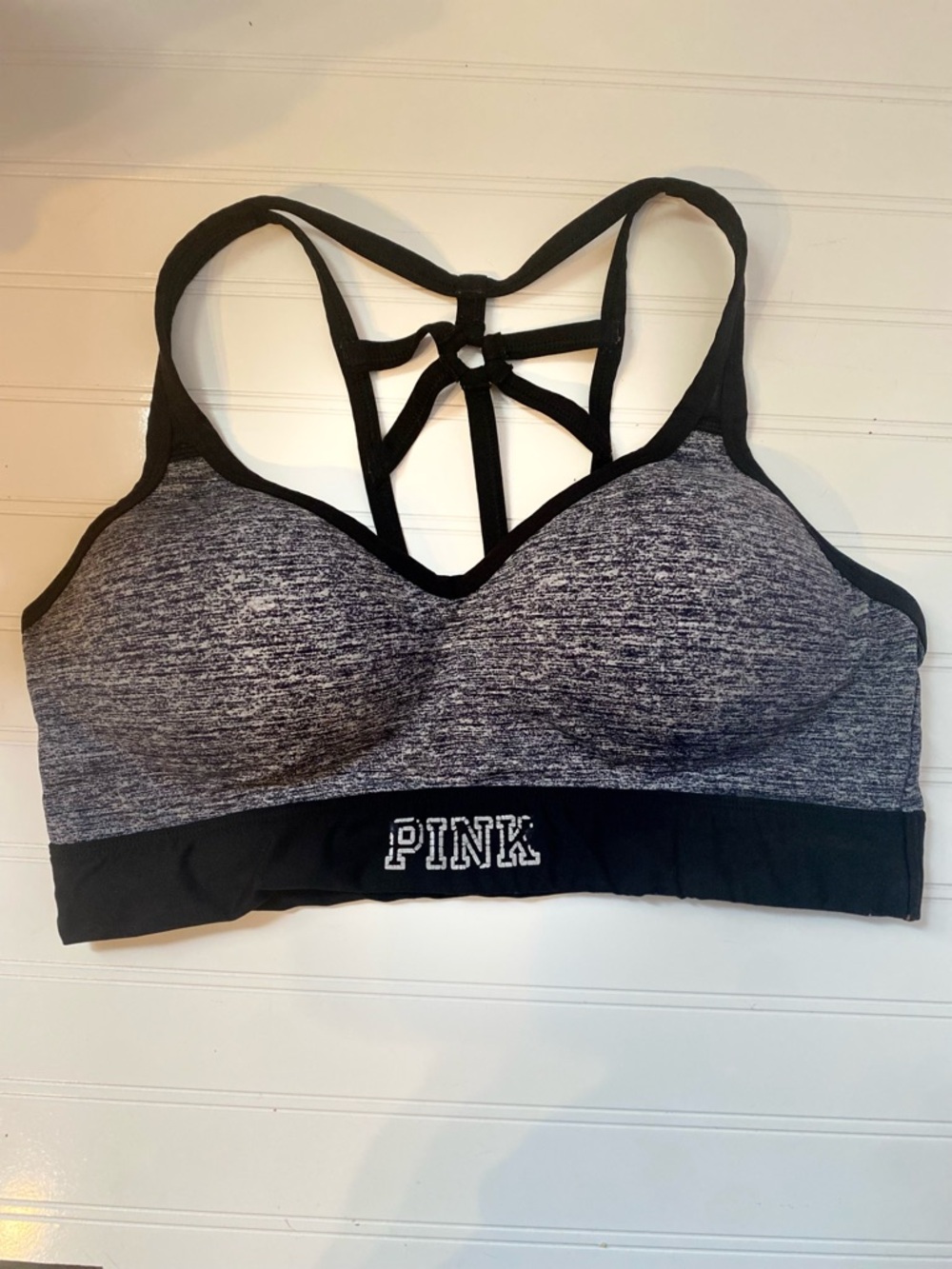 PINK Victoria's Secret Heather Gray & Black Strappy Sports Bra